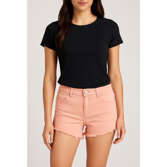 Seven7 Women’s Pink Peach Fray-Hem Denim Shorts Size 8 Stretch Cut Off - Picture 1 of 15